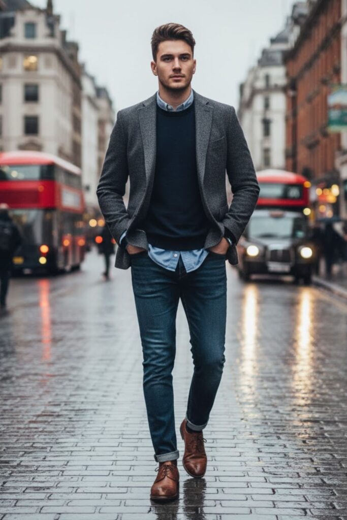Wool Blazer with Knit Sweater and Oxford Shirt