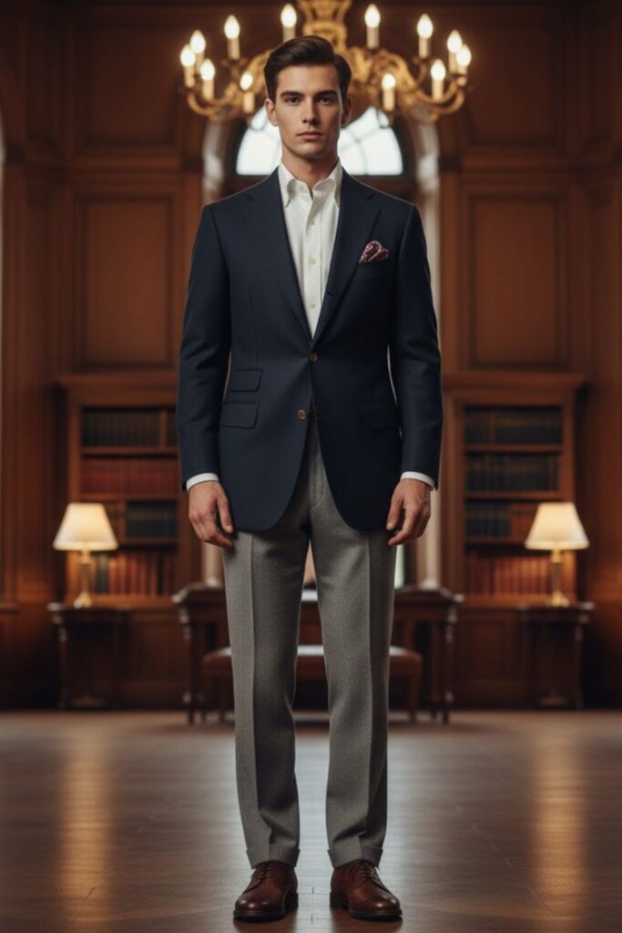 Wool Blazer with Oxford Shirt and Flannel Trousers