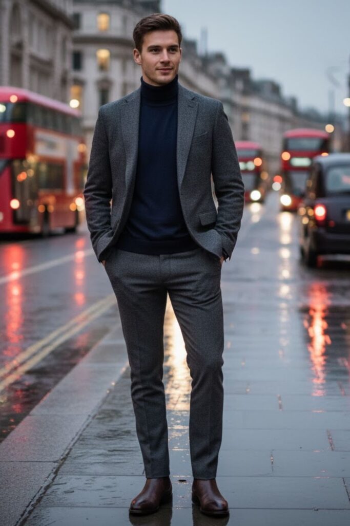 Wool Blazer with Turtleneck and Slim Trousers