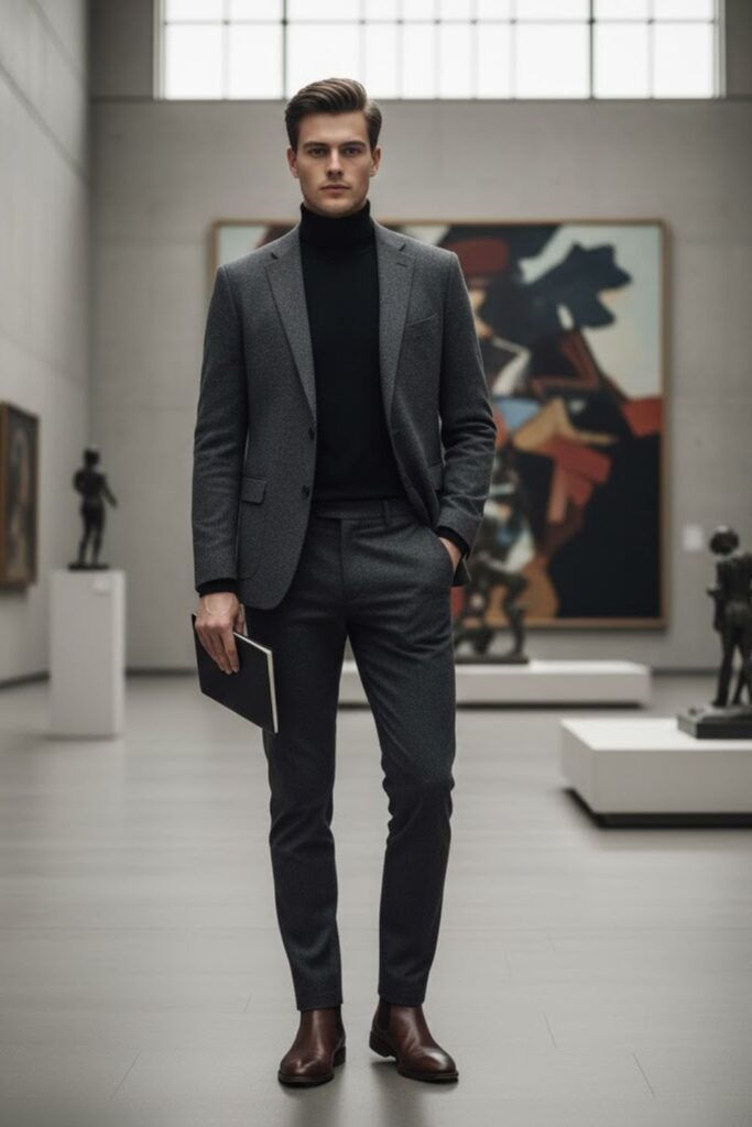 Wool Blazer with Turtleneck and Slim Trousers