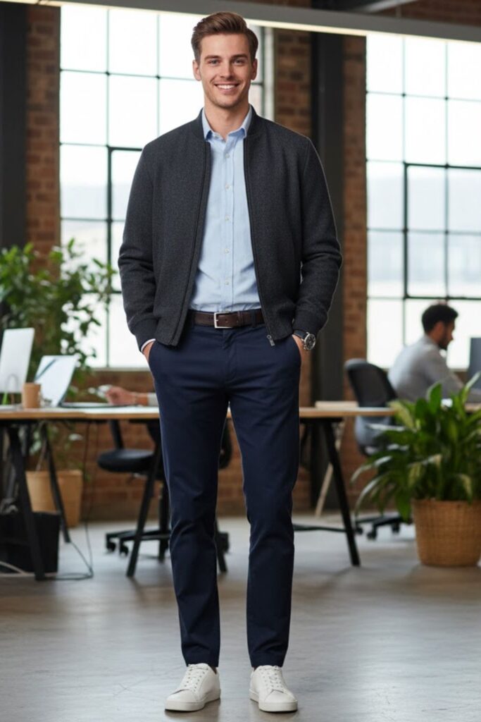Wool Bomber Jacket with Trousers and Oxford Shirt
