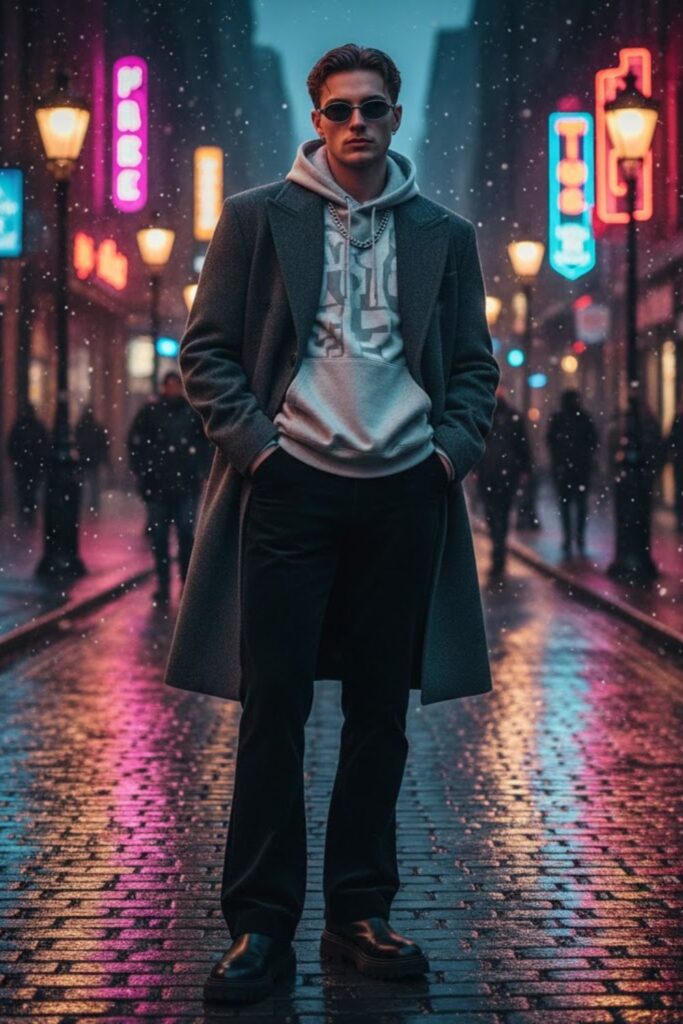 Wool Coat with Hoodie and Flared Pants