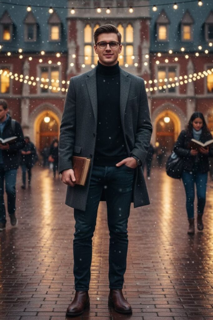 Wool Coat with Turtleneck and Slim Jeans