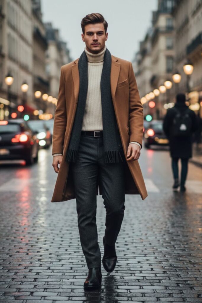 Wool Overcoat, Turtleneck Sweater, Tailored Trousers & Leather Chelsea Boots