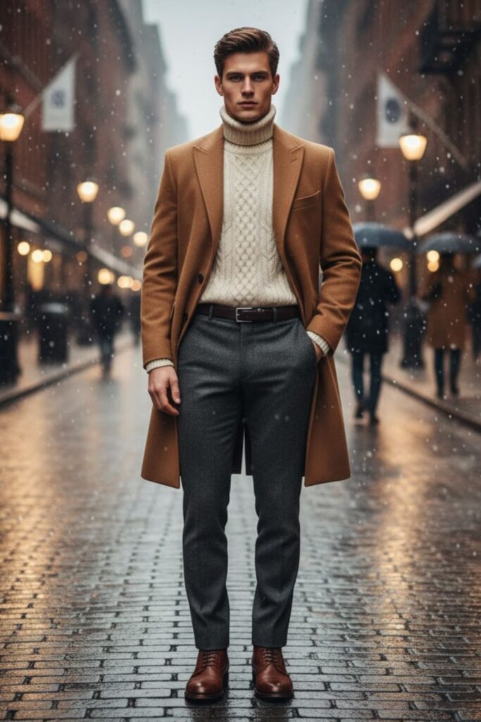  Wool Overcoat with Cable-Knit Sweater and Tailored Trousers