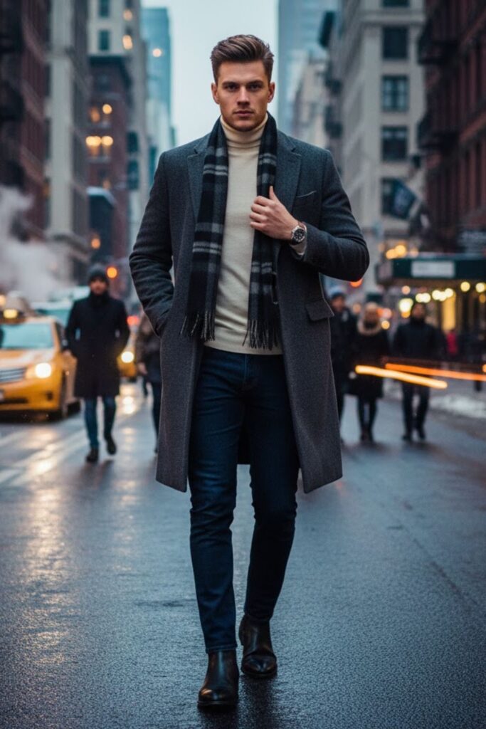 Wool Overcoat with Slim Turtleneck and Dark Jeans