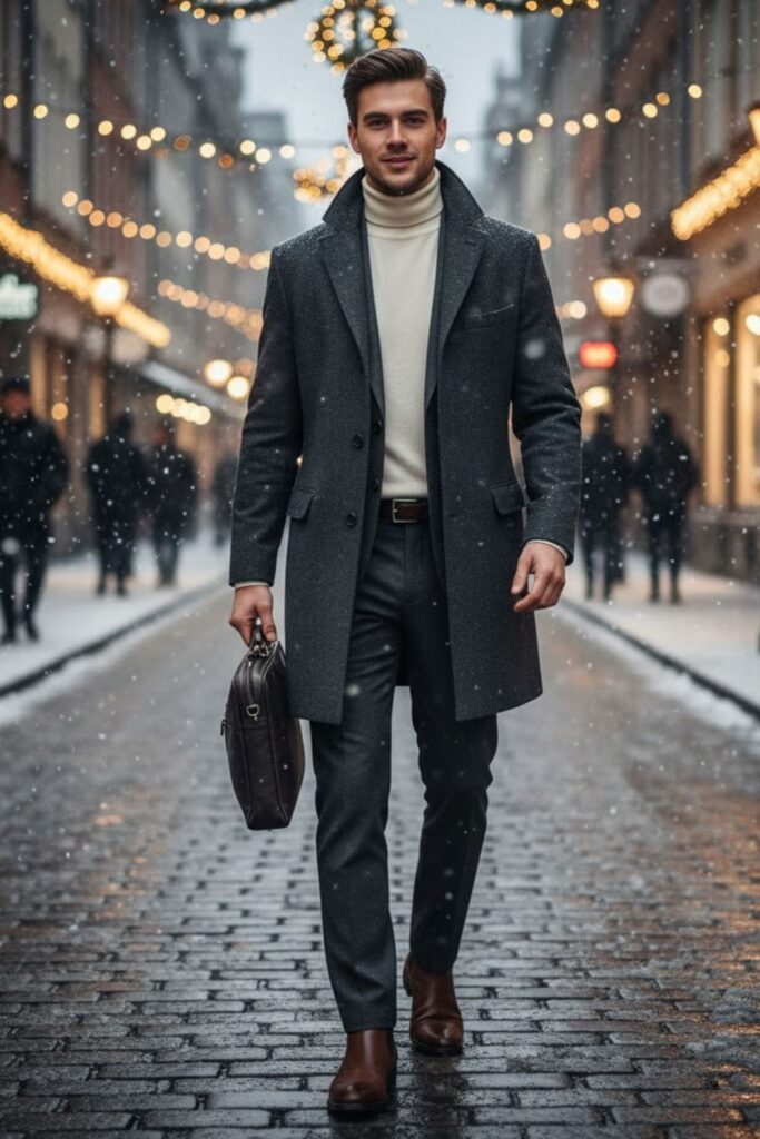 Wool Overcoat with Turtleneck and Lined Trousers