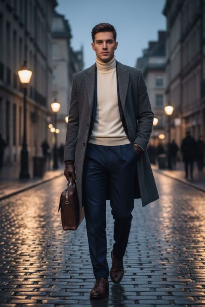 Wool Overcoat with Turtleneck and Pleated Trousers