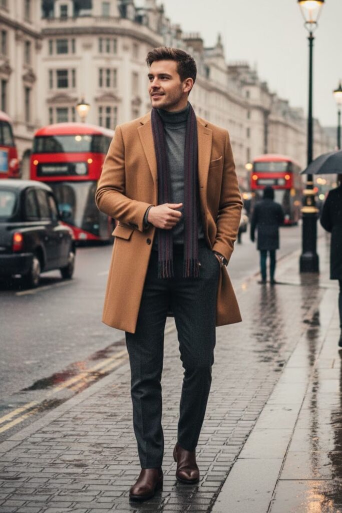 Wool Overcoat with Turtleneck and Tailored Trousers