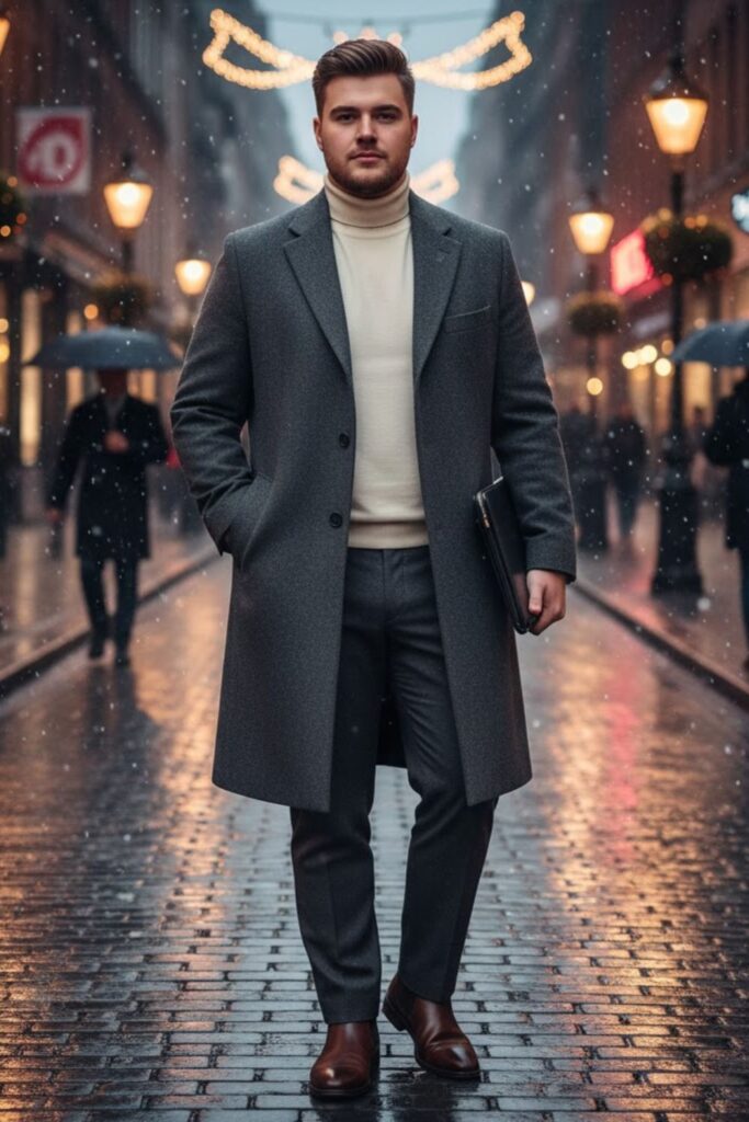 Wool Overcoat with Turtleneck and Tailored Trousers