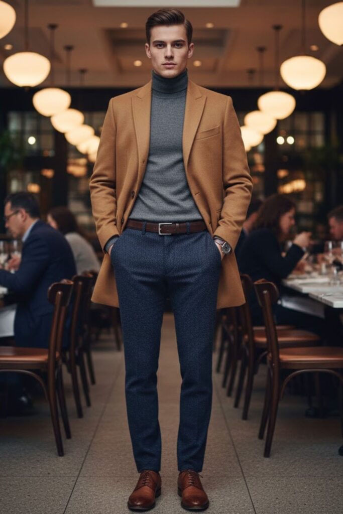 Wool Overcoat with Turtleneck and Trousers