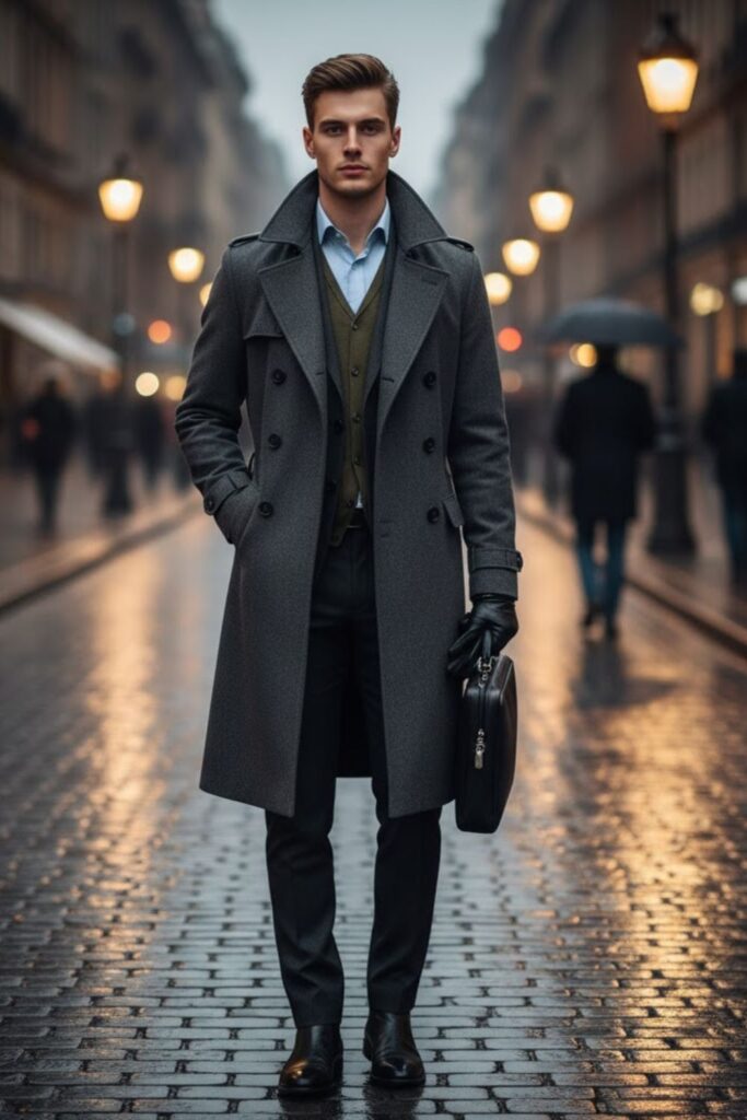 Wool Trench Coat with Dress Shirt and Cashmere Vest