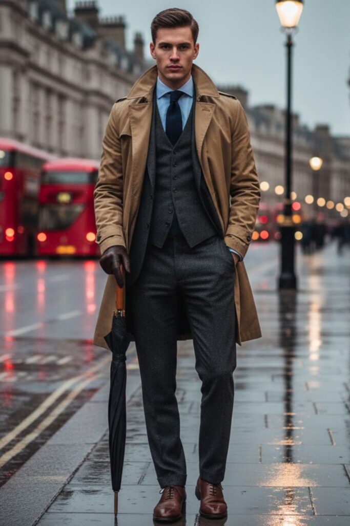 Wool Vest with Oxford Shirt and Trench Coat