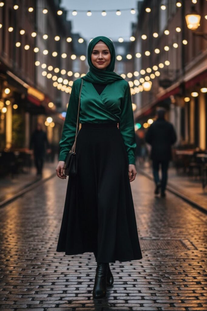 Wrap Blouse, Black Maxi Skirt, Heeled Boots, Coordinated Hijab
