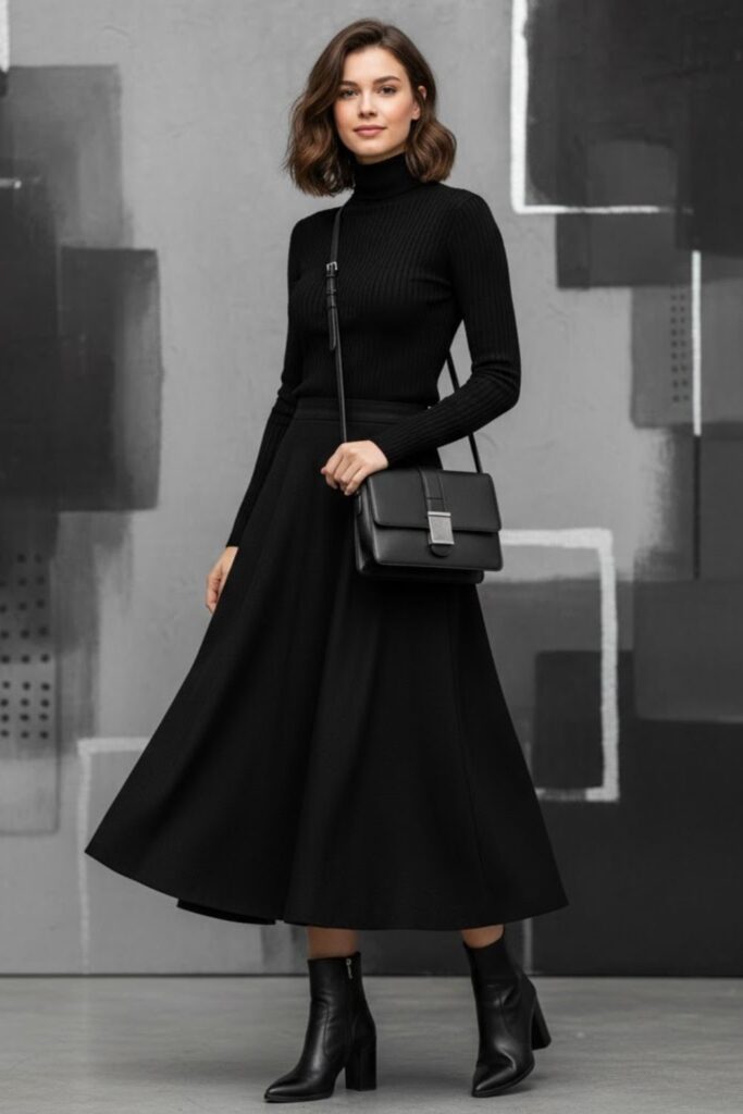 Black Turtleneck, Black A-Line Skirt, Ankle Boots, Leather Crossbody Bag