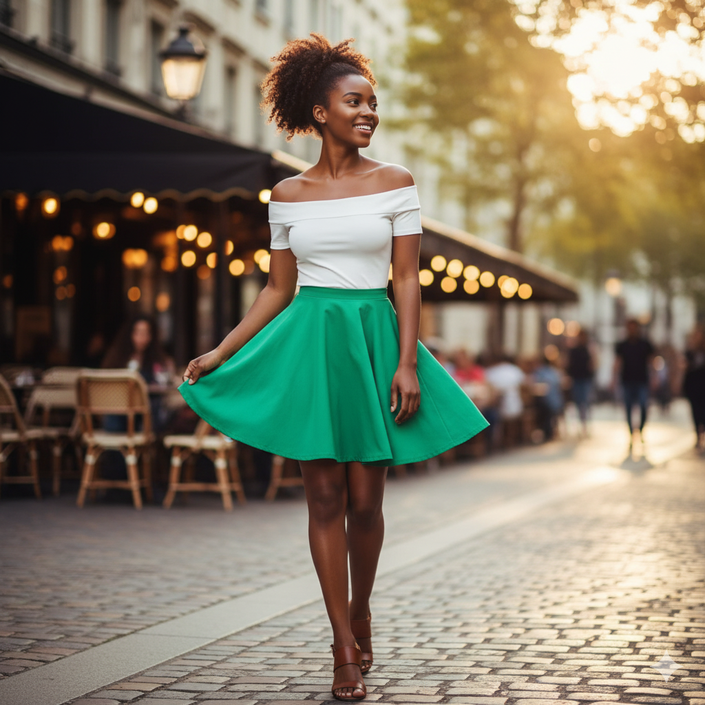Green Skater Skirt with Off-Shoulder Top and Sandals