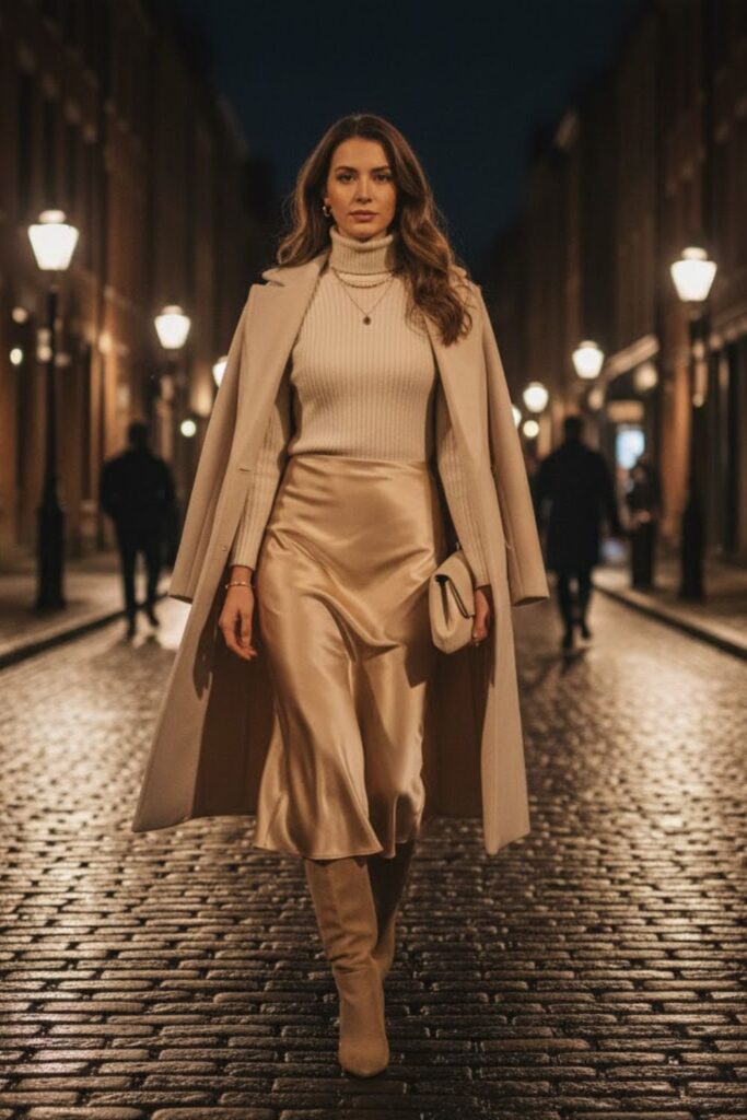 Satin Midi Skirt + Fitted Sweater + Heeled Boots