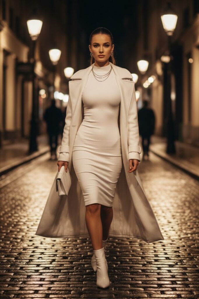 White Bodycon Dress with Longline Coat