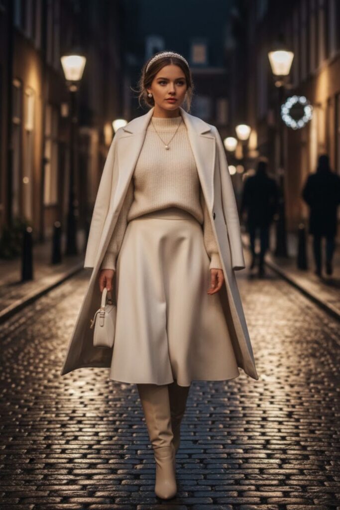  White Cashmere Sweater with A-Line Skirt
