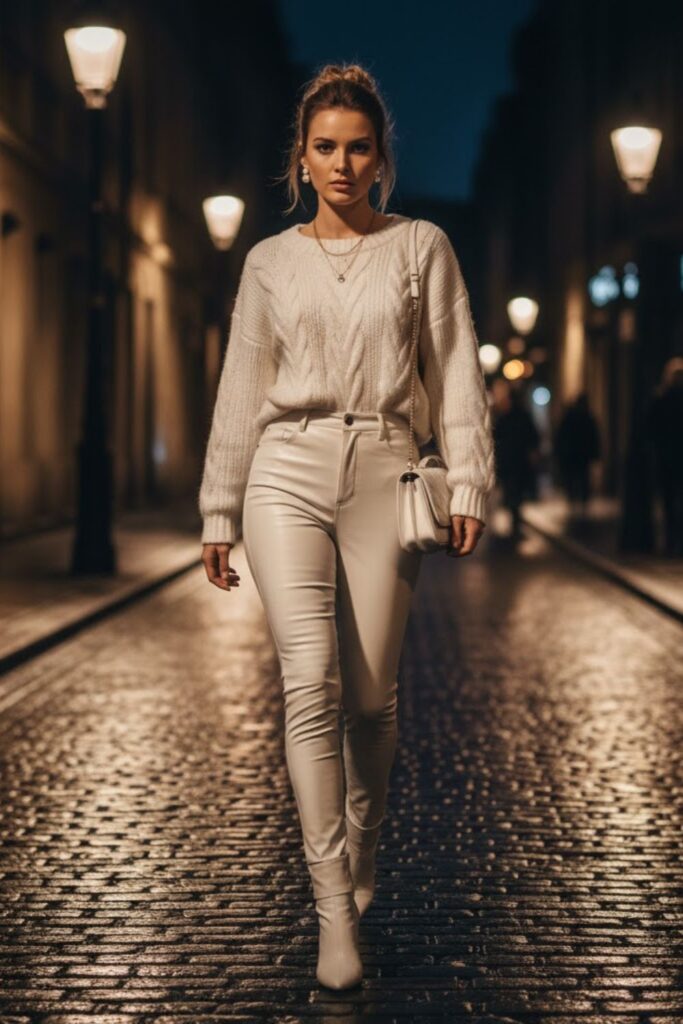 White Faux Leather Pants with Chunky Knit Sweater
