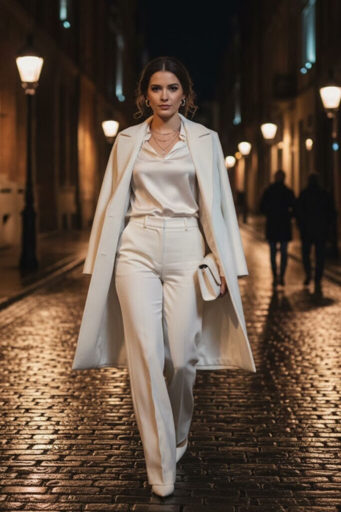 White High-Waisted Trousers with Satin Blouse