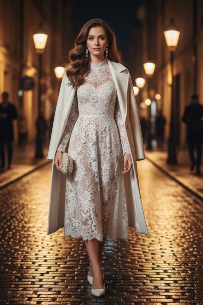 White Lace Midi Dress with Long Coat
