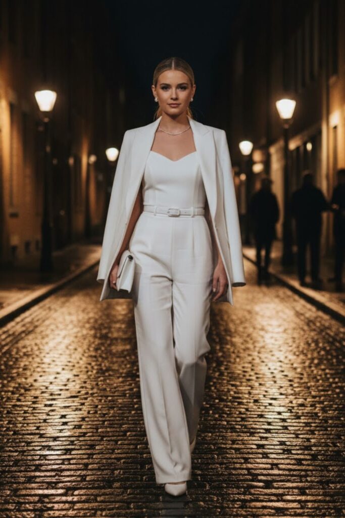 White Tailored Jumpsuit with Belted Waist