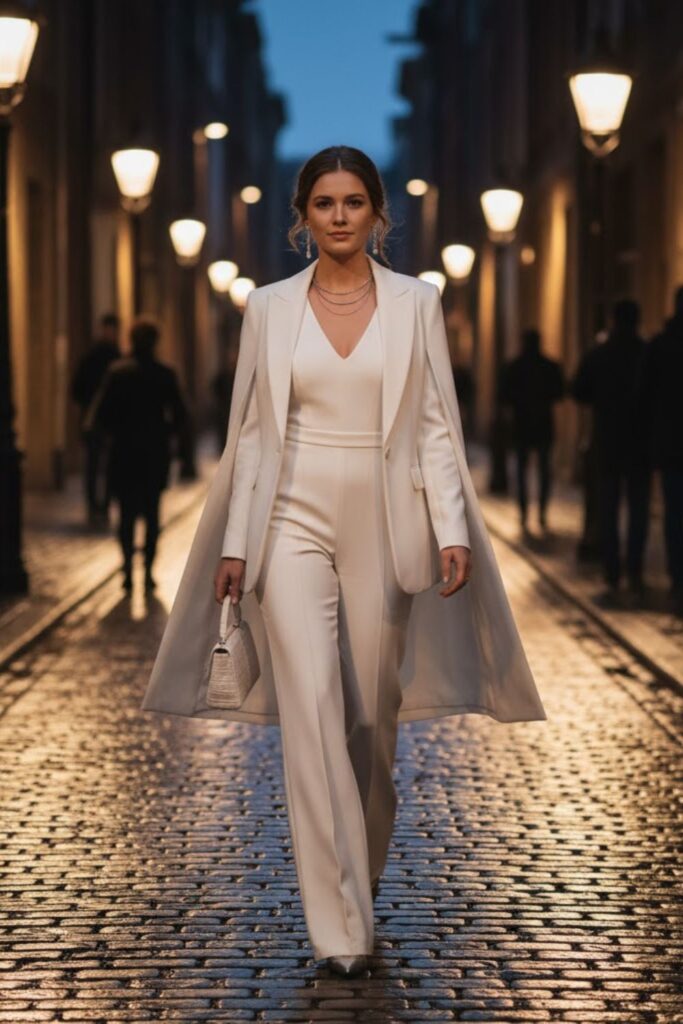White Wide-Leg Jumpsuit with Cape Blazer