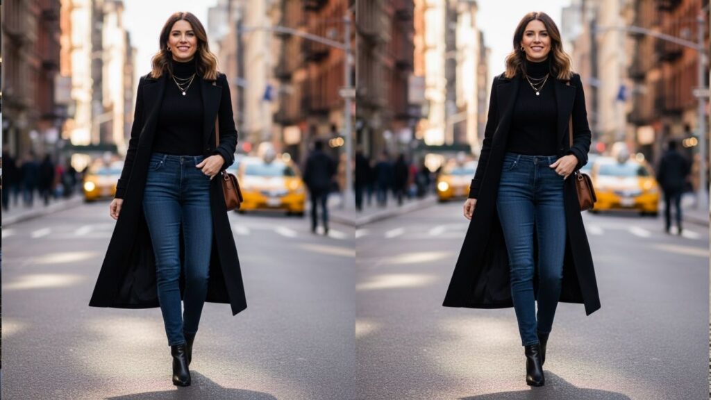 15 Black Coat and Jeans Outfit Ideas