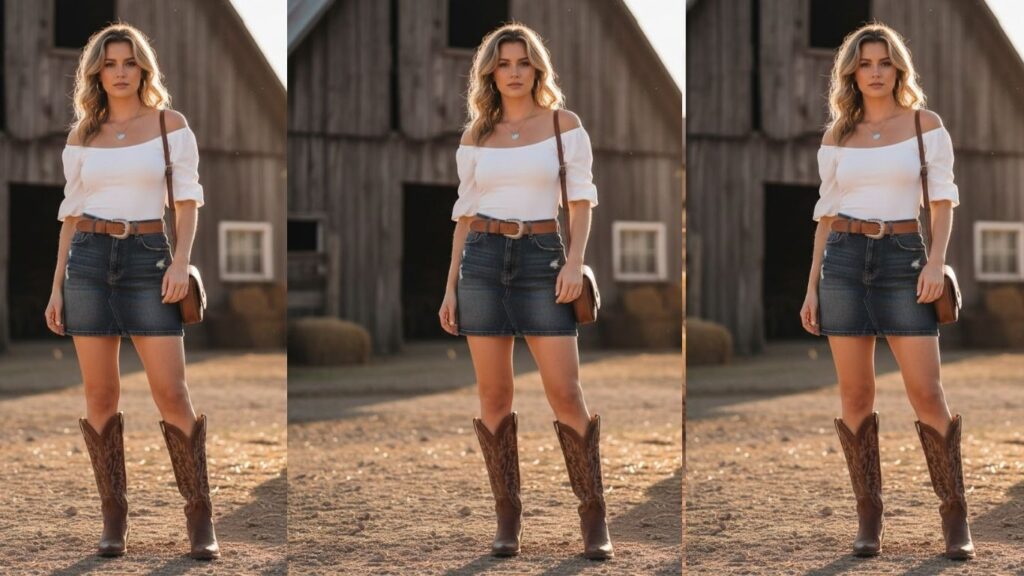 15 Denim Skirt Cowboy Boots Outfit Ideas