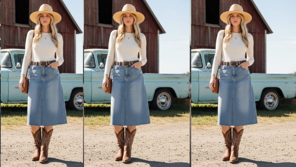 15 Jean Skirt Cowboy Boots Outfit Ideas