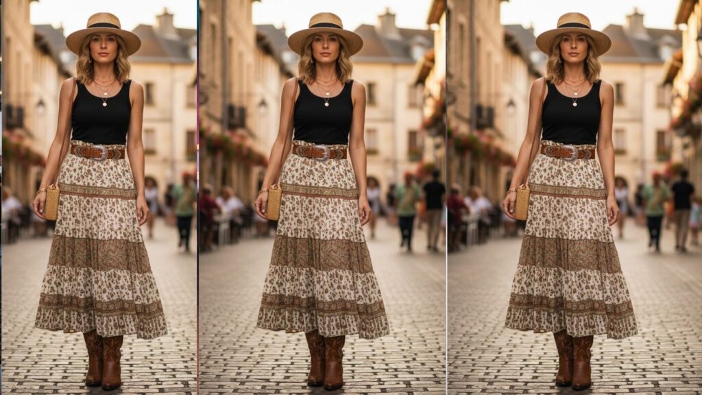 15 Long Skirt & Cowboy Boots Outfit Ideas