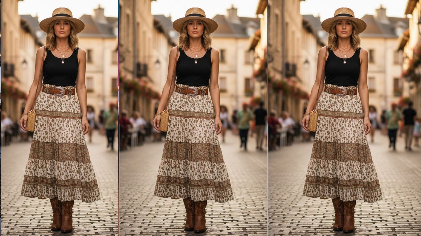 15 Long Skirt & Cowboy Boots Outfit Ideas for Effortless Style
