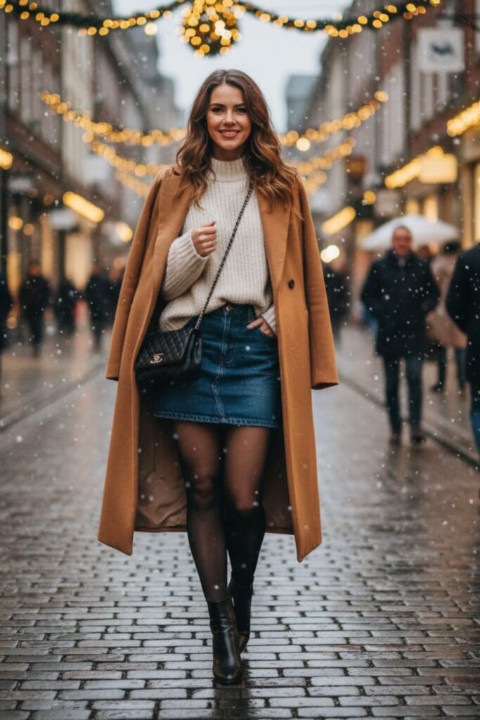 Ankle Boots with Denim Skirt and Sweater