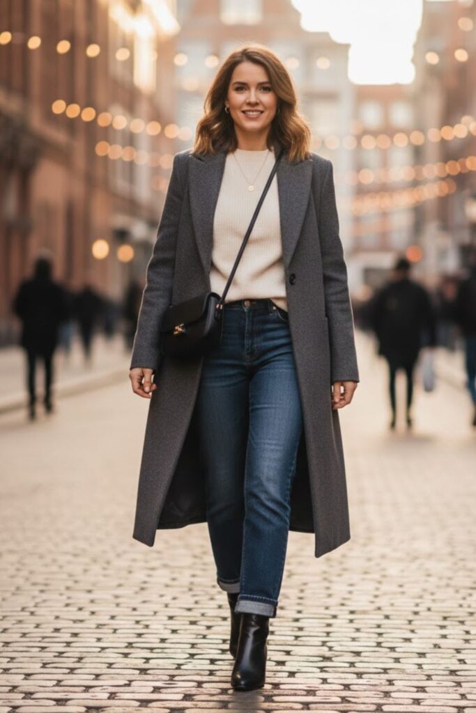 Ankle Boots with Straight-Leg Jeans and Wool Coat