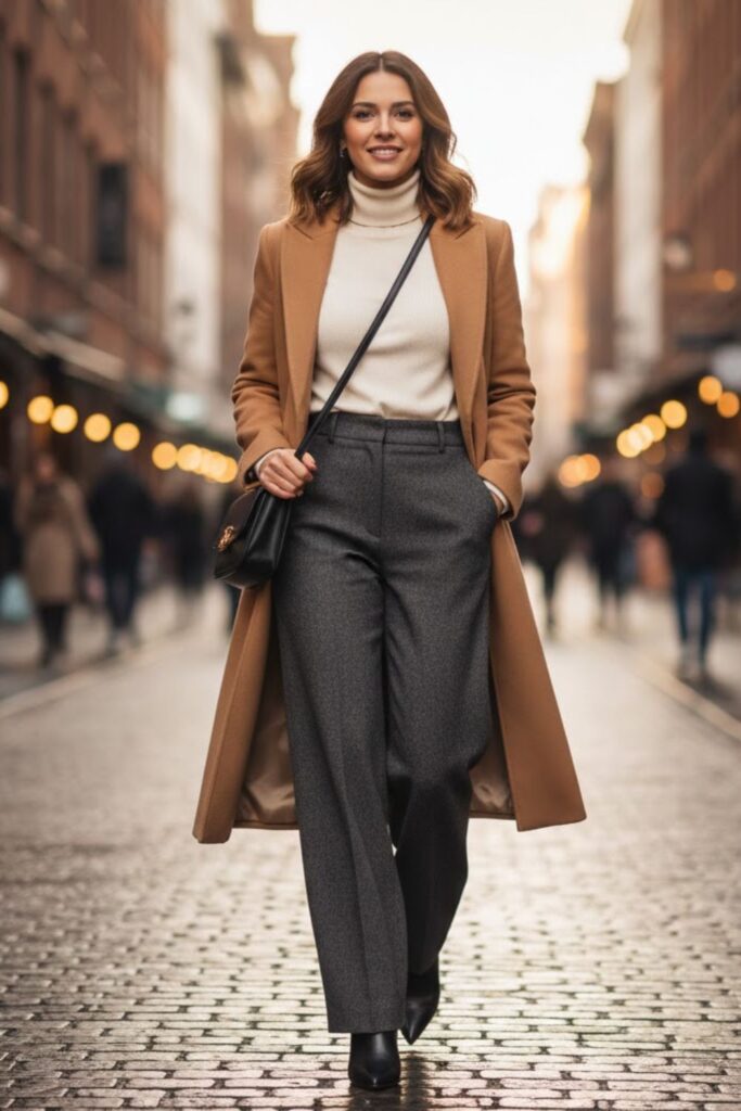 Ankle Boots with Wide-Leg Trousers and Knit Top