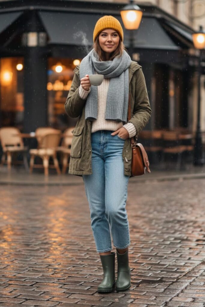 Ankle Rain Boots Outfit with Cropped Straight-Leg Jeans
