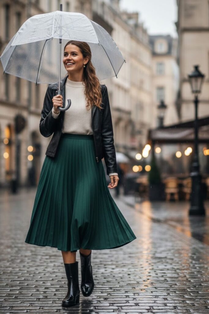 Ankle Rain Boots Outfit with Midi Skirt