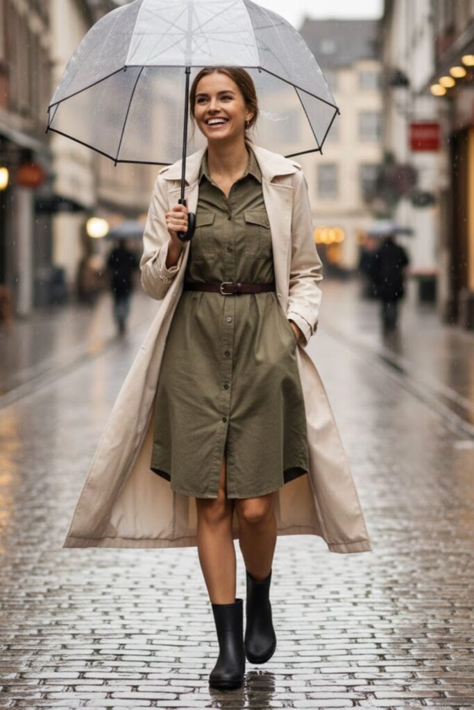 Ankle Rain Boots Outfit with Shirt Dress