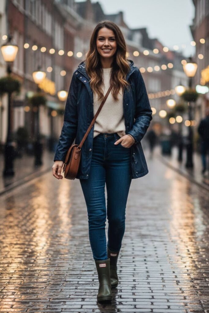 Ankle Rain Boots Outfit with Skinny Jeans and Rain Jacket