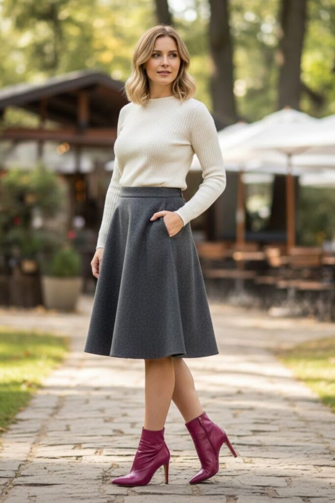  Pink Ankle Boots with A-Line Skirt