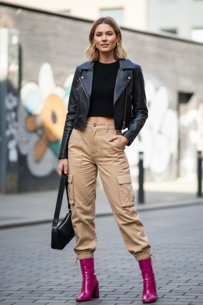 Pink Ankle Boots with Cargo Pants