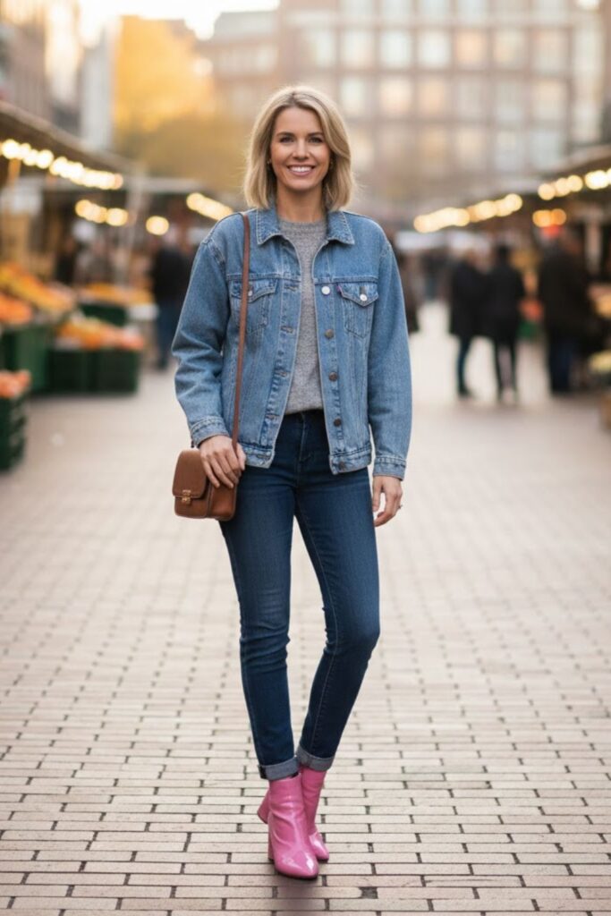 Pink Ankle Boots with Denim Jacket