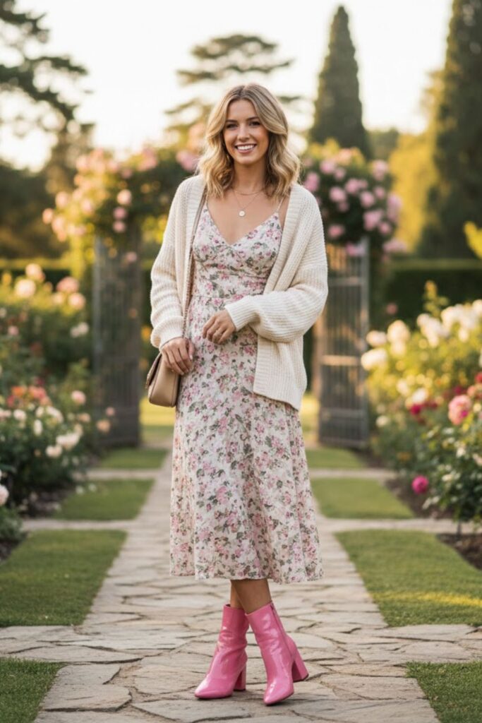  Pink Ankle Boots with Floral Dress