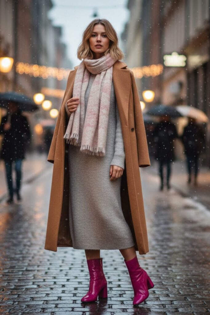 Pink Ankle Boots with Knit Dress