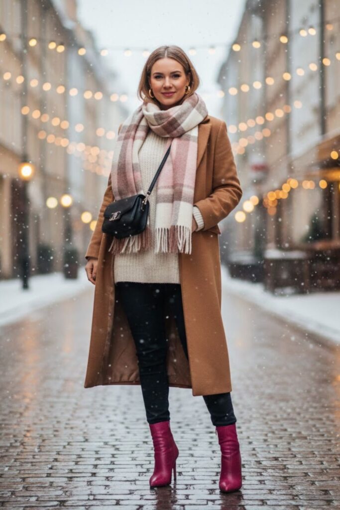 Pink Ankle Boots with Layered Winter Look
