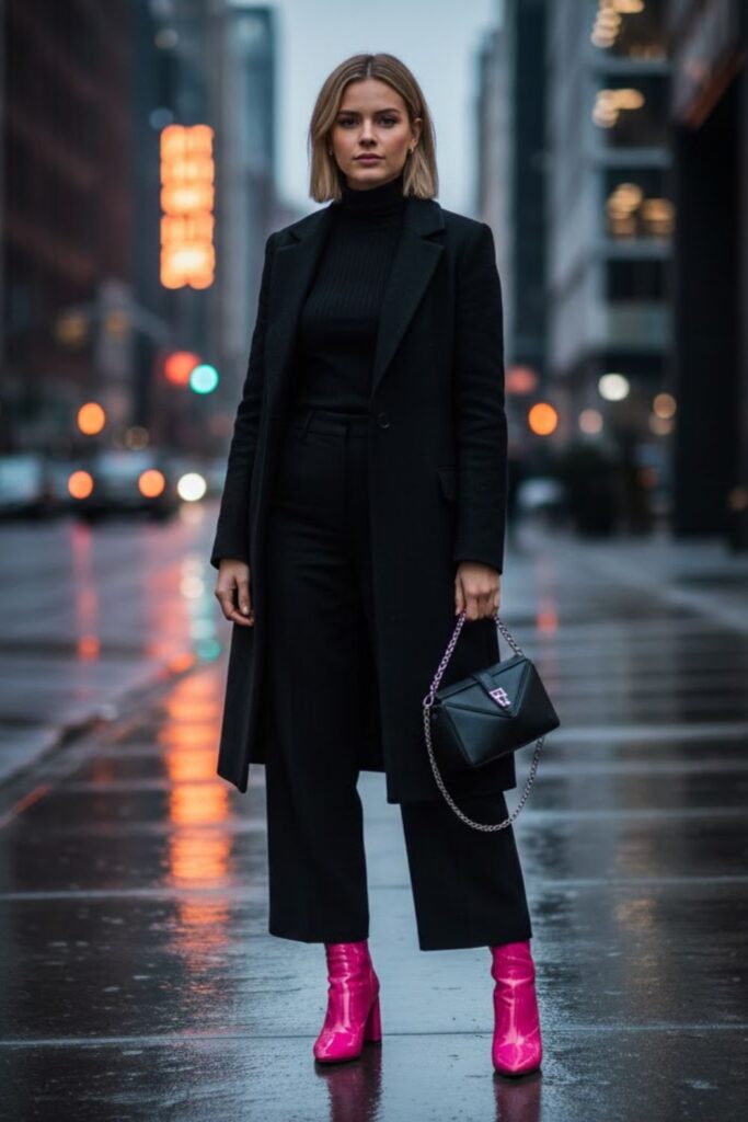 Pink Ankle Boots with Monochrome Outfit