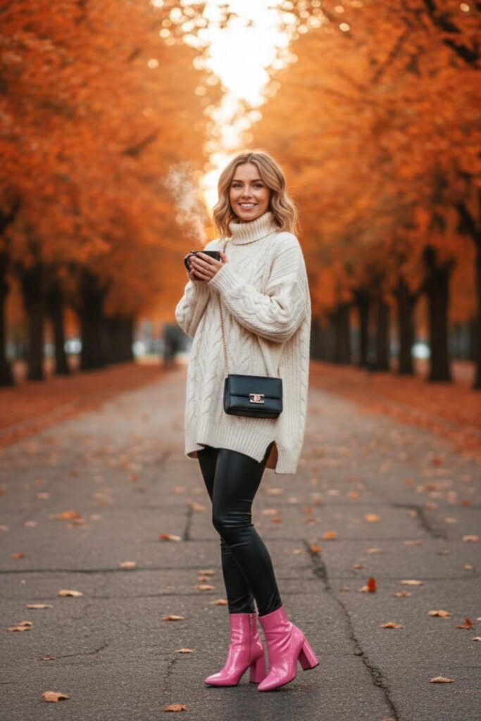 Pink Ankle Boots with Oversized Sweater