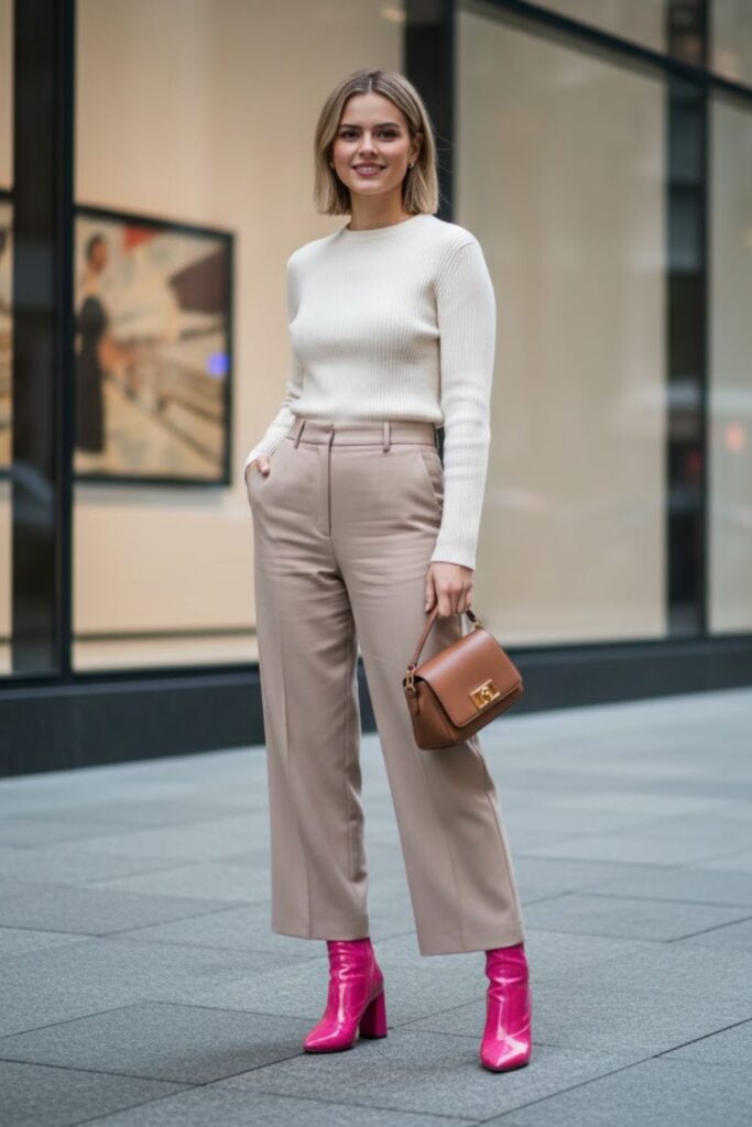 Pink Ankle Boots with Tailored Trousers