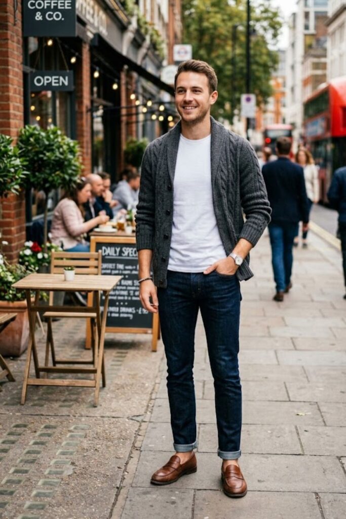 Cardigan with Crew-Neck Tee and Jeans